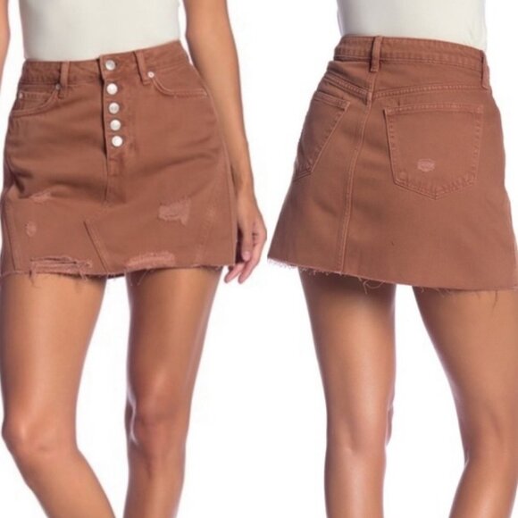 Free People Retro Brown Distressed Denim Mini Size Size 26 or Small Boho Button - Picture 1 of 10